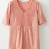 Women's Fuchsia Smocked Front V Neck Pleated Babydoll Short Sleeve Top - Image 5