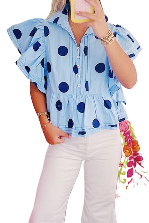 Elegant Sky Blue Polka Dot Ruffled Short Sleeve Buttoned Collared Blouse for Women