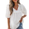 Women's White Embroidered Lace Patchwork Tie Neck Puff Short Sleeve Blouse - Image 23