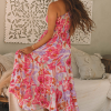 Women's Pink Abstract Floral Print Shirred One Shoulder Maxi Dress for Summer - Image 6