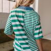 Women's Green Stripe Colorblock Collar Half Button T-Shirt - Casual Summer Style - Image 2