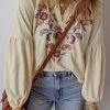 Women's Apricot Paisley Floral Embroidered Notch V Neck Blouse - Image 4