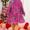 Women's Plus Size Rose Abstract Floral Print Pleated Dress with Puff Sleeves - Image 2