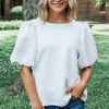 Women's White Solid Textured Puff Sleeve Blouse - Chic and Elegant O Neck Top - Image 3