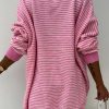 Women's Pink Striped Scallop V Neck Loose Sweater with Side Slits - Image 12