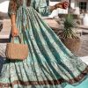 Women's Green Boho Floral Print Lace-up Open Back High Waist Maxi Dress - Image 2