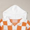 Women's Gold Flame Checkered Split Neck Contrast Kangaroo Pocket Hooded Sweater - Image 8