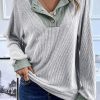 Women's Light Grey Color Contrast Ribbed Long Sleeve Top - Casual and Comfortable - Image 3