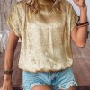 Chic Women's Gold Metallic Ruched Sleeve Blouse with Back Knot Detail - Image 4