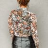 Women's Brown Floral High Neck Long Sleeve Sheath Blouse - Image 13