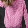 Women's Pink Striped Scallop V Neck Loose Sweater with Side Slits - Image 9