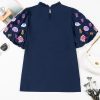 Elegant Women's Sail Blue Puff Sleeve Blouse with Shellfish Coral Embroidery - Image 9