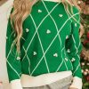 Women's Dark Green Diamond Pattern High Neck Christmas Sweater with Pom Accents - Image 9