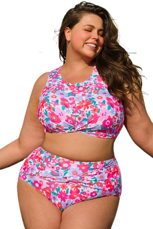 Rose Plus Size Floral Print Twisted High Waist Bikini Set for Women