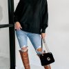 Women's Black Exposed Seam Drop Shoulder Round Neck Sweatshirt with Slits - Image 7