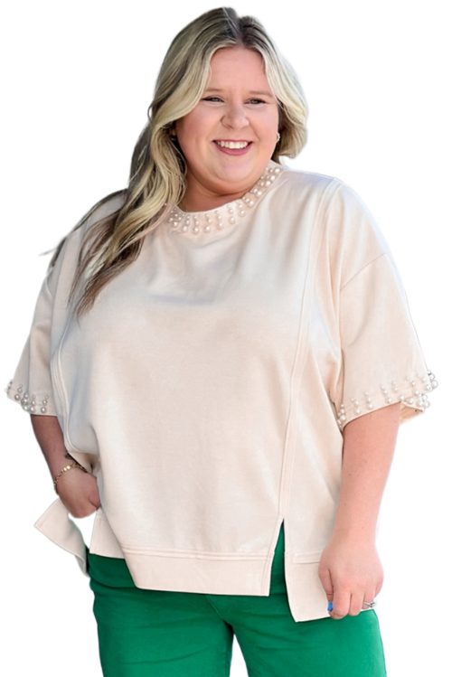 Elegant Beige Pearl Decor Crew Neck Half Sleeve Plus Size T-Shirt