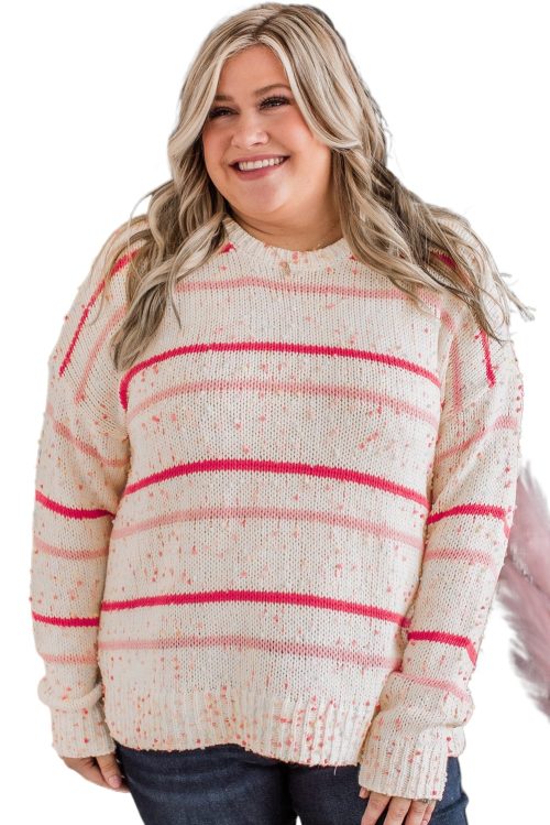 Plus Size Pink Stripe Drop Shoulder Side Split Sweater