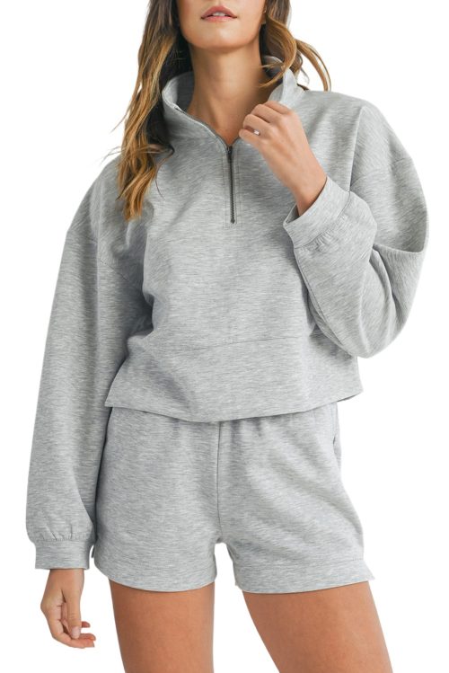 Women's Light Grey Stand Neck Zipped Sweatshirt and Shorts Set - Trendy Two Piece Outfit
