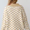 Women's Apricot Checkered Buttoned Collar V Neck Drop Shoulder Sweater - Image 2