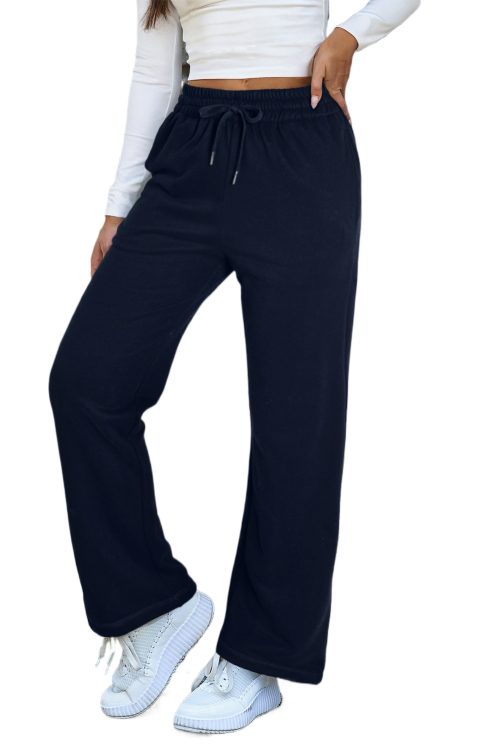 Women's Navy Blue Solid Color Fleece Lined Drawstring Waist Casual Pants