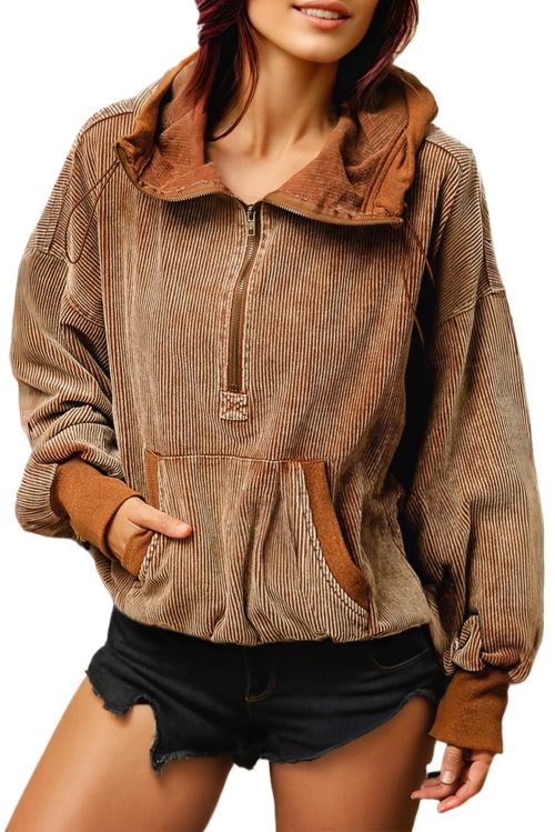 Women's Chestnut Corduroy Half Zipper Hoodie with Kangaroo Pocket