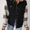 Women's Black Plaid Sleeve Hooded Denim Jacket - Stylish Fall Outerwear - Image 7