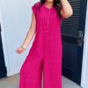 Bright Pink Sleeveless Button Front Wide Leg Jumpsuit for Women - Image 2