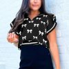 Women's Black Preppy Bow Print Zipped Collar Short Sleeve Sweater Tee - Image 2