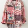 Women's Red Boho Geometric Mixed Print Bubble Sleeve Shirt - Vintage Chic Style - Image 4