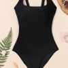 Elegant Women's Black Solid Criss Cross Backless Square Neck One Piece Swimsuit - Image 18