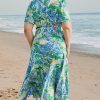 Plus Size Green Leaves Print Short Sleeve Surplice Neck Maxi Dress with Ruffled Trim - Image 2