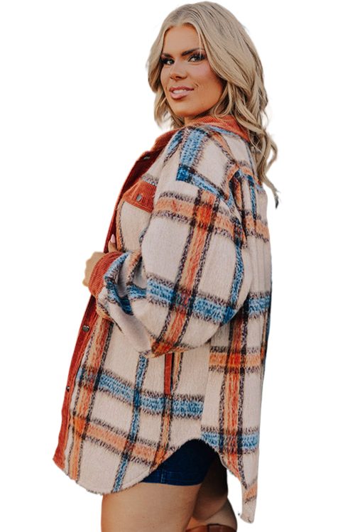 Plus Size Women's Brown Stripe Plaid Print Collared Button Up Jacket