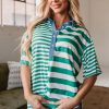 Women's Green Stripe Colorblock Collar Half Button T-Shirt - Casual Summer Style - Image 4