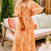 Women's Orange Floral Print Smocked V Neck Wide Sleeve Maxi Dress for Summer - Image 4