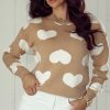 Women's Khaki Contrast Heart Pattern Round Neck Sweater - Casual Relaxed Fit - Image 8