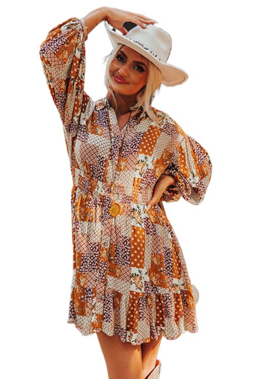 Women's Orange Boho Floral Puff Sleeve Mini Shirt Dress with Smocked Waist