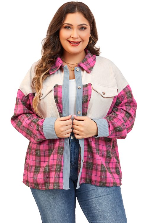 Women's Red Plaid Waffle Knit Patchwork Plus Size Shirt