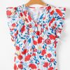 Women's Red Floral Pintuck V-Neck Top with Ruffled Sleeves - Elegant Summer Blouse - Image 8