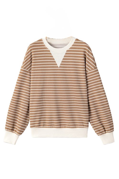 Women's Khaki Stripe Patched Edge Textured Long Sleeve Top - Casual Round Neck Design