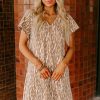 Women's Khaki Abstract Print V Neck Short Sleeve Shift T-Shirt Dress - Image 14