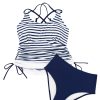 Women's Blue Stripe Drawstring Tummy Control 2-Piece Tankini Swimsuit - Image 35