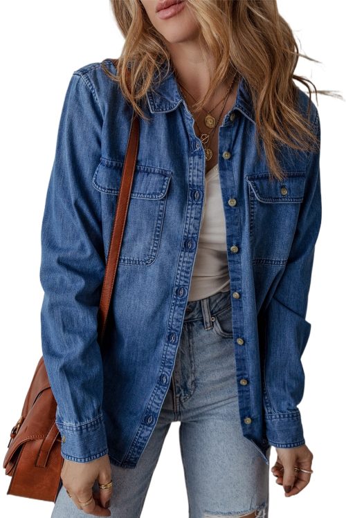 Women's Sky Blue Flap Pocket Button Up Denim Shacket - Stylish Casual Outerwear