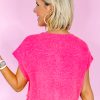 Bright Pink Distressed Hem Short Sleeve Knitted Button Front Sweater for Women - Image 2