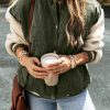 Women's Mist Green Corduroy Fleece Patchwork Buttoned Bomber Jacket - Image 3