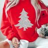 Women's Red Silver Christmas Tree Printed Drop Shoulder Sweatshirt - Image 2
