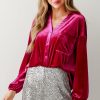 Women's Pitaya Pink Velvet V Neck Shirt with Button and Chest Pocket - Image 6