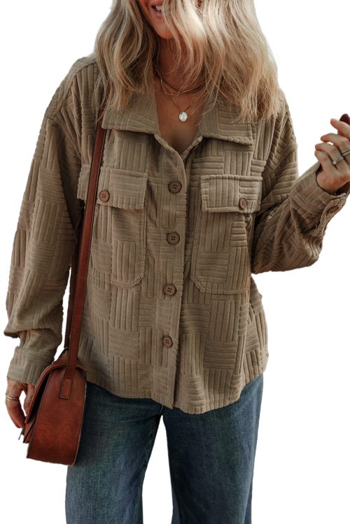 Female Dark Khaki Textured Chest Pocket Long Sleeve Shirt Jacket