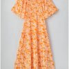 Women's Orange Floral Print Smocked V Neck Wide Sleeve Maxi Dress for Summer - Image 9