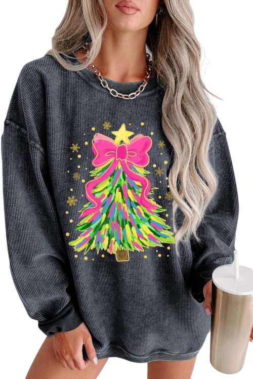 Women's Gray Christmas Tree Printed Drop Shoulder Corded Sweatshirt for Festive Comfort