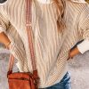 Women's Chestnut Striped Textured Knit Contrast Edge Loose Sweater - Image 3